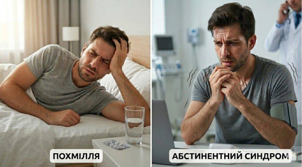 Дві фотографії, що демонструють різницю між станами. Зліва — людина страждає на похмілля, зліва — на абстинентний синдром. Як розрізнити ці стани.