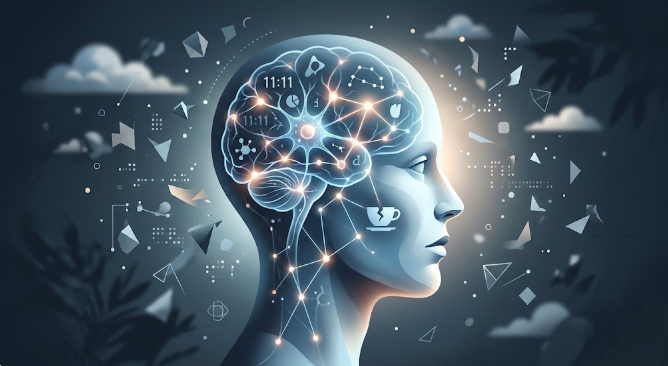 Концептуальна ілюстрація профілю людини, всередині мозку якої хаотичні точки та символи (цифри 11:11, розбита чашка) з’єднуються в сузір’я та логічні патерни, візуалізуючи явище апофенії.