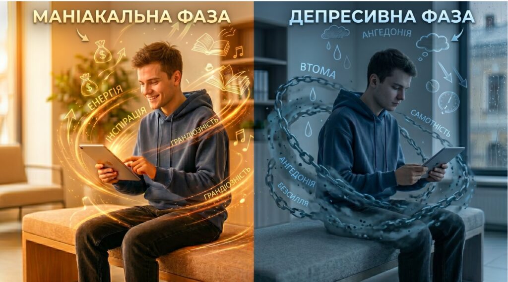 Ілюстрація біполярного афективного розладу (БАР) у вигляді колажу, що показує фази манії та депресії на прикладі хлопця 22 років.