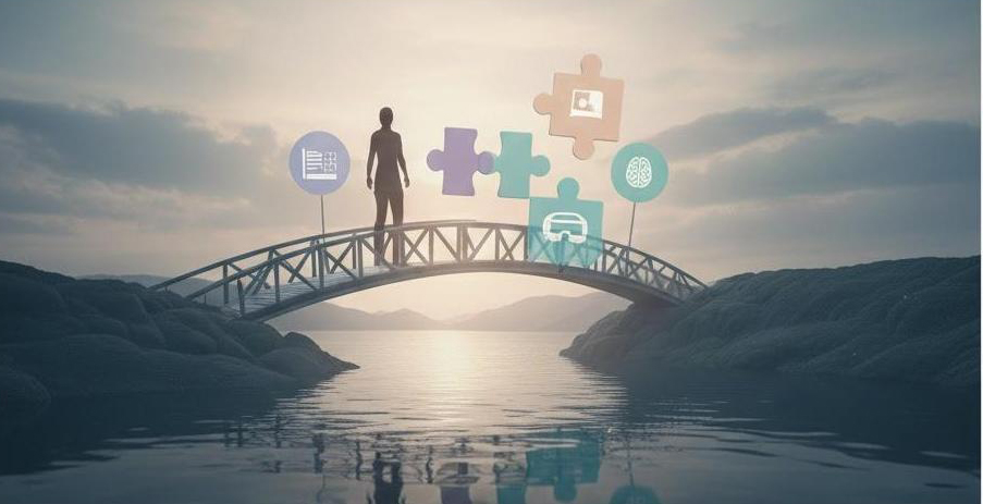 Силует людини стоїть на мосту над водою на тлі заходу сонця, навколо неї палають іконки-пазли: книга, мозок, серце, комп’ютер, машина — символ ефективності психолога, психотерапевта та психотерапії.