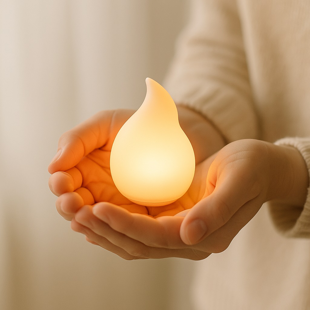 Дорослі руки тримають маленьке тепле світло — символ того, як робота з внутрішньою дитиною допомагає зцілити ранні емоційні рани та створити внутрішню опору.