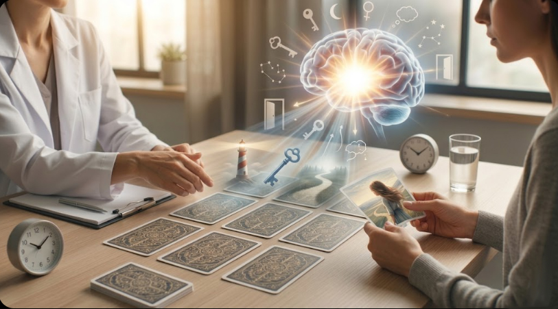 Експертна сесія з метафоричними картами МАК у центрі Psychobalance: пацієнтка тримає карту з образом дівчини, що символізує інсайт, на фоні візуалізації нейронних зв'язків мозку та терапевтичного простору.