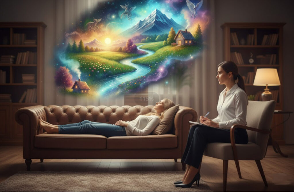 Процес сеансу символдрами (кататимно-імагінативної терапії) з дотриманням терапевтичної дистанції: клієнтка в стані релаксації уявляє образи природи під супроводом психотерапевта