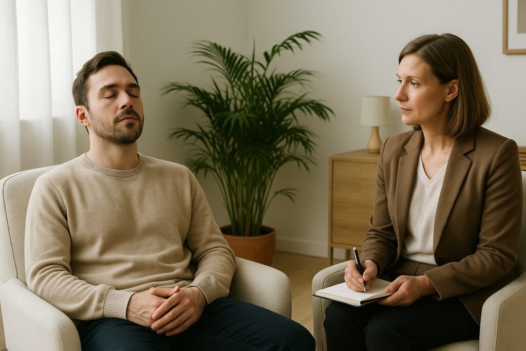 Сесія емоційно-образної терапії: клієнт із заплющеними очима працює з внутрішніми образами у світлому терапевтичному кабінеті.