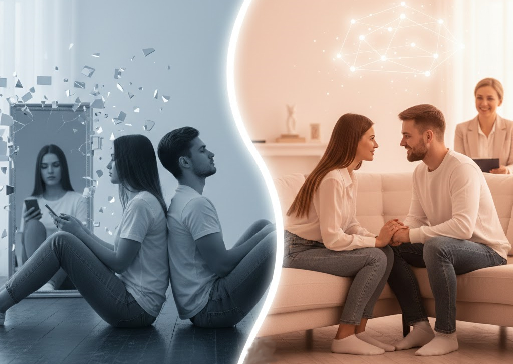 Парна терапія: колаж, що демонструє трансформацію стосунків від відчуження та конфліктів до порозуміння і близькості на прийомі у психолога.