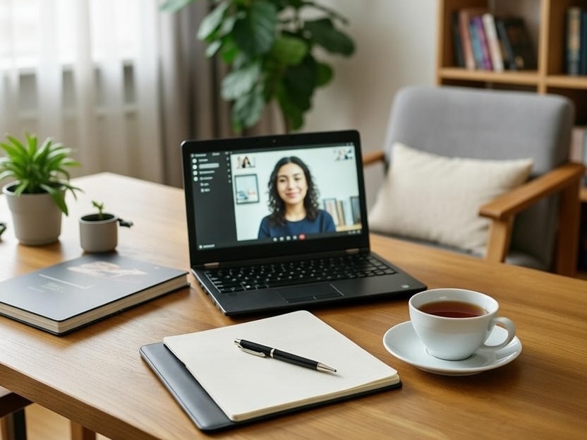 Де знайти психолога онлайн: затишний стіл з блокнотом, чашкою чаю, рослиною та ноутбуком для комфортної онлайн-консультації