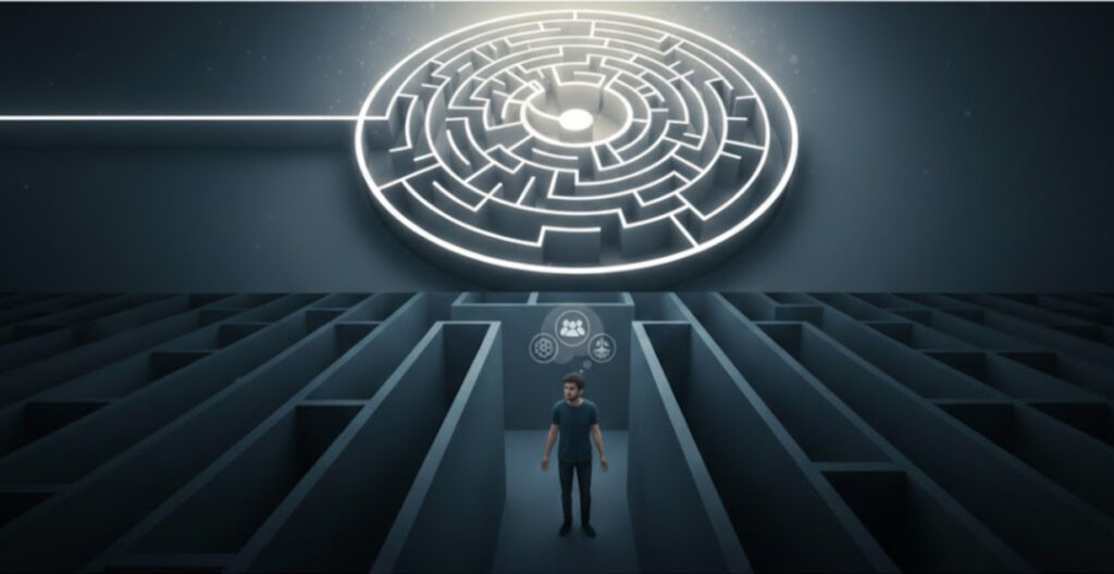 Психотерапія для тих хто все розуміє але не може змінити поведінку — чоловік у лабіринті думок та рішень.