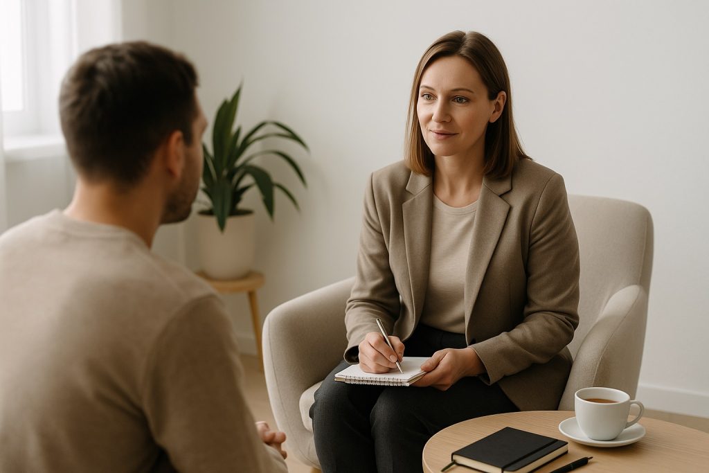 Схема-терапія — психолог і клієнт під час розмови у світлому кабінеті. На столі чашка чаю, блокнот і ручка. Атмосфера довіри, спокою та професійної підтримки, мінімалістичний інтер’єр і м’яке природне освітлення.