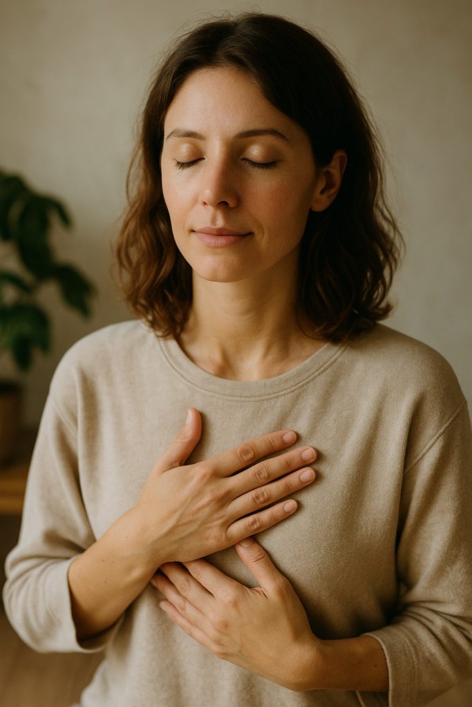 Тілесно-орієнтовані практики: жінка із заплющеними очима та руками на грудях у спокійному стані