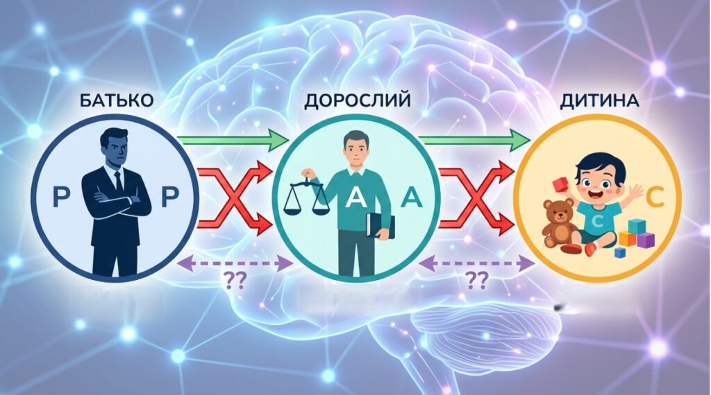 Ілюстрація моделі его-станів у транзакційному аналізі Еріка Берна: авторитетний Батько з хрестоподібними руками, раціональний Дорослий з вагами, емоційна Дитина з іграшкою. Між фігурами стрілки транзакцій — зелені доповнюючі, червоні перехресні, приховані з знаками питання. Абстрактний фон мозку з нейронними зв'язками в блакитно-фіолетових тонах символізує психологічні взаємодії.
