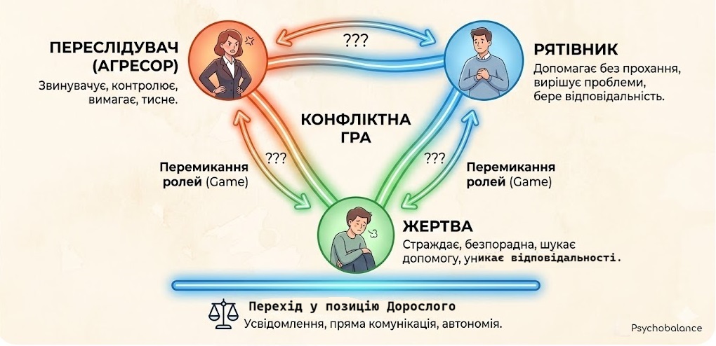 Схема Трикутника Карпмана (Жертва-Рятівник-Переслідувач) з українськими описами ролей, перемиканням динаміки та шляхом до Переходу у позицію Дорослого