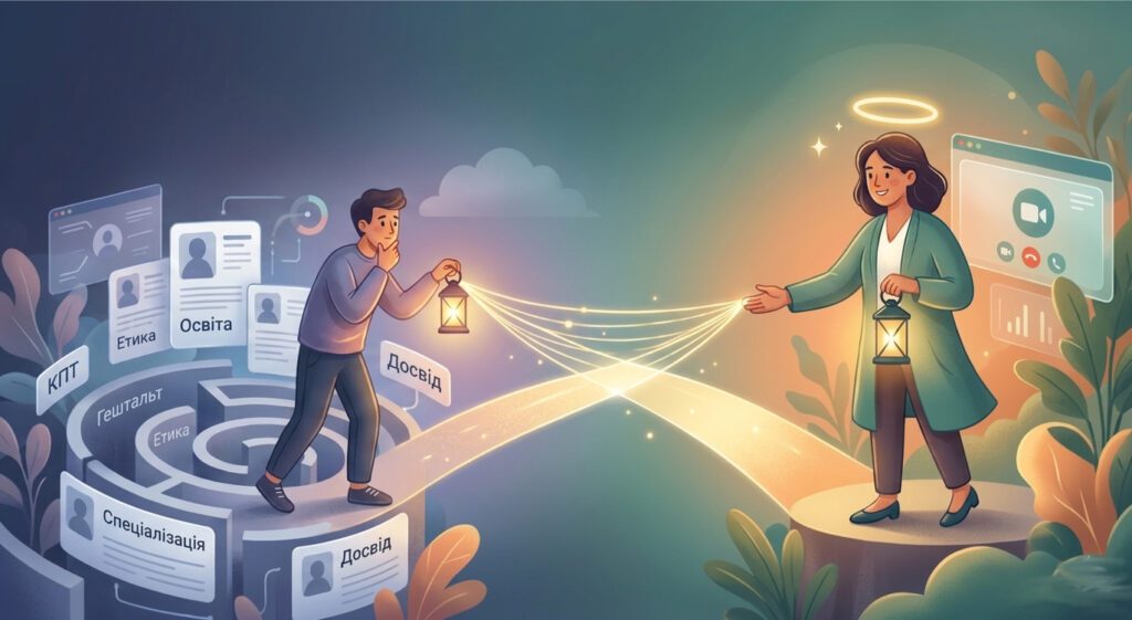 Інфографіка про процес вибору психолога онлайн: заплутаний лабіринт із картками методів та фахівців, що веде до теплого відеозв'язку із сумісним терапевтом