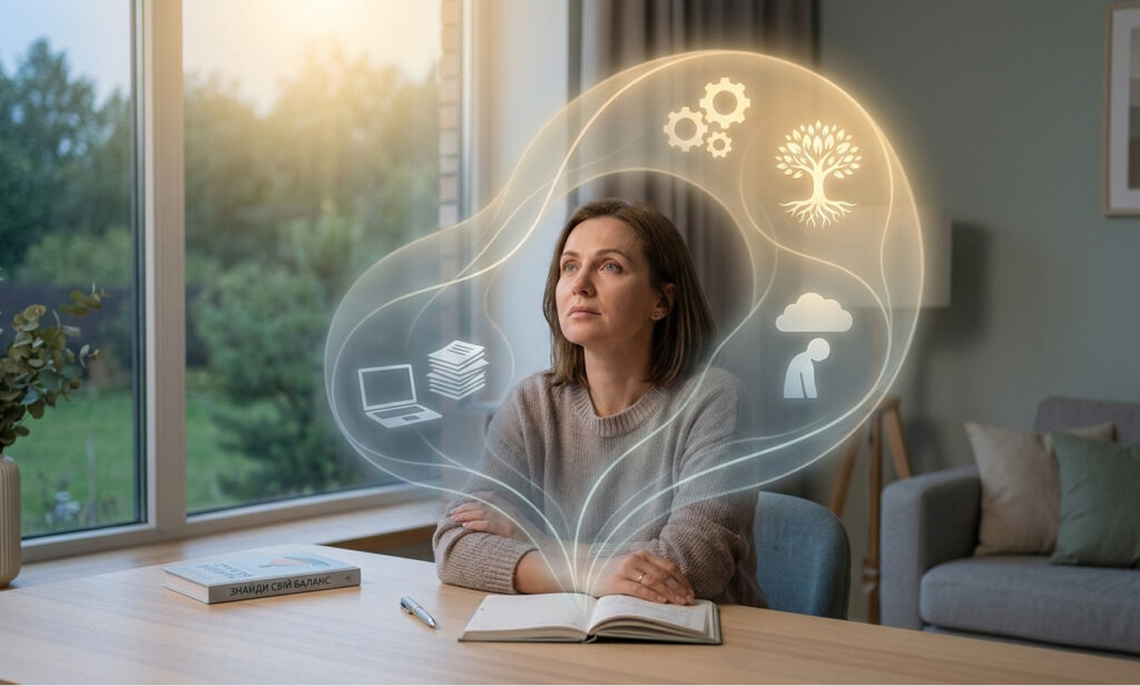Жінка за столом аналізує свій стан між емоційним вигоранням та депресією, символічні іконки терапії та відновлення в Psychobalance.