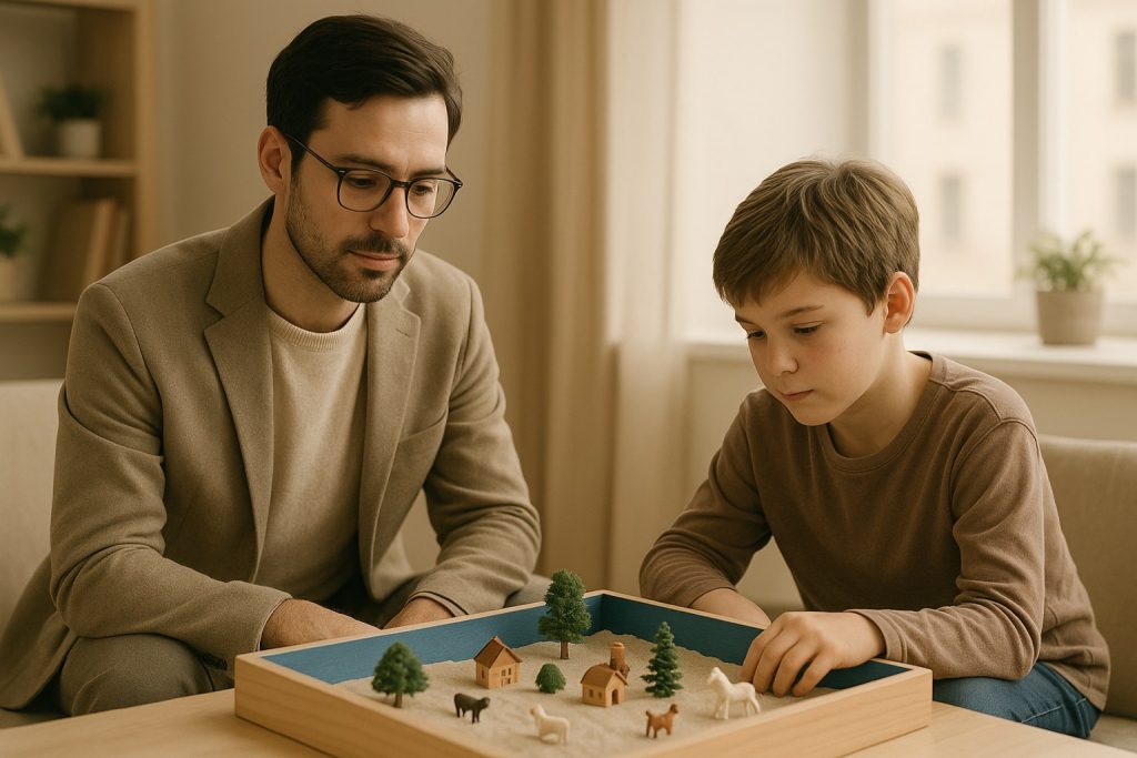 Юнгіанська пісочна терапія — психолог і хлопчик працюють із пісочницею у світлому кабінеті. На піску розташовані фігурки дерев, будиночків і тварин. Атмосфера спокою, довіри та творчого процесу.