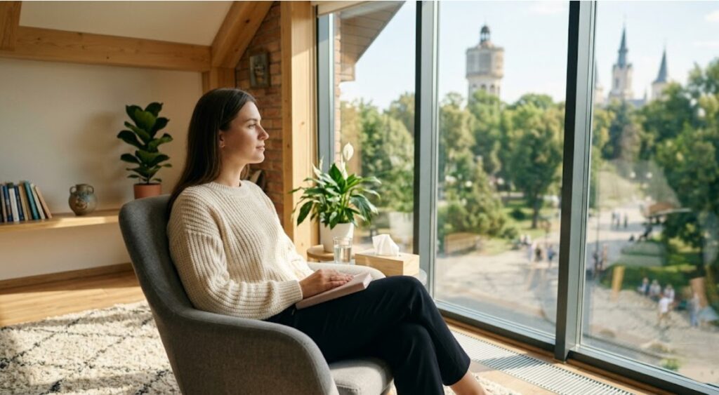 Спокійна жінка у затишній кімнаті дивиться у вікно на парк. Світла атмосфера безпеки та роздумів перед початком терапії на Psychobalance.